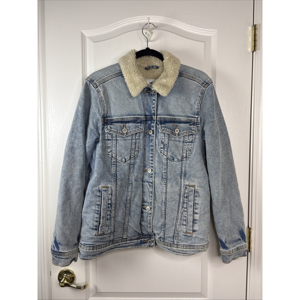 Hollister Mens Sherpa Lined Denim Trucker Jacket Light Acid Wash Medium Grunge
